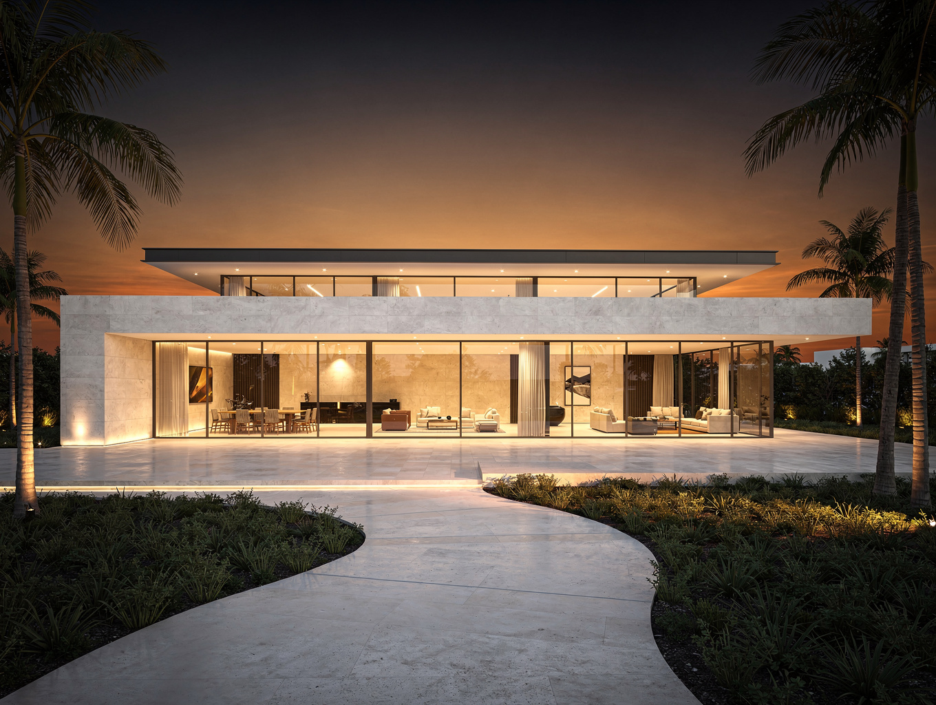 Moderne villa met grote glaspartijen bij zonsondergang